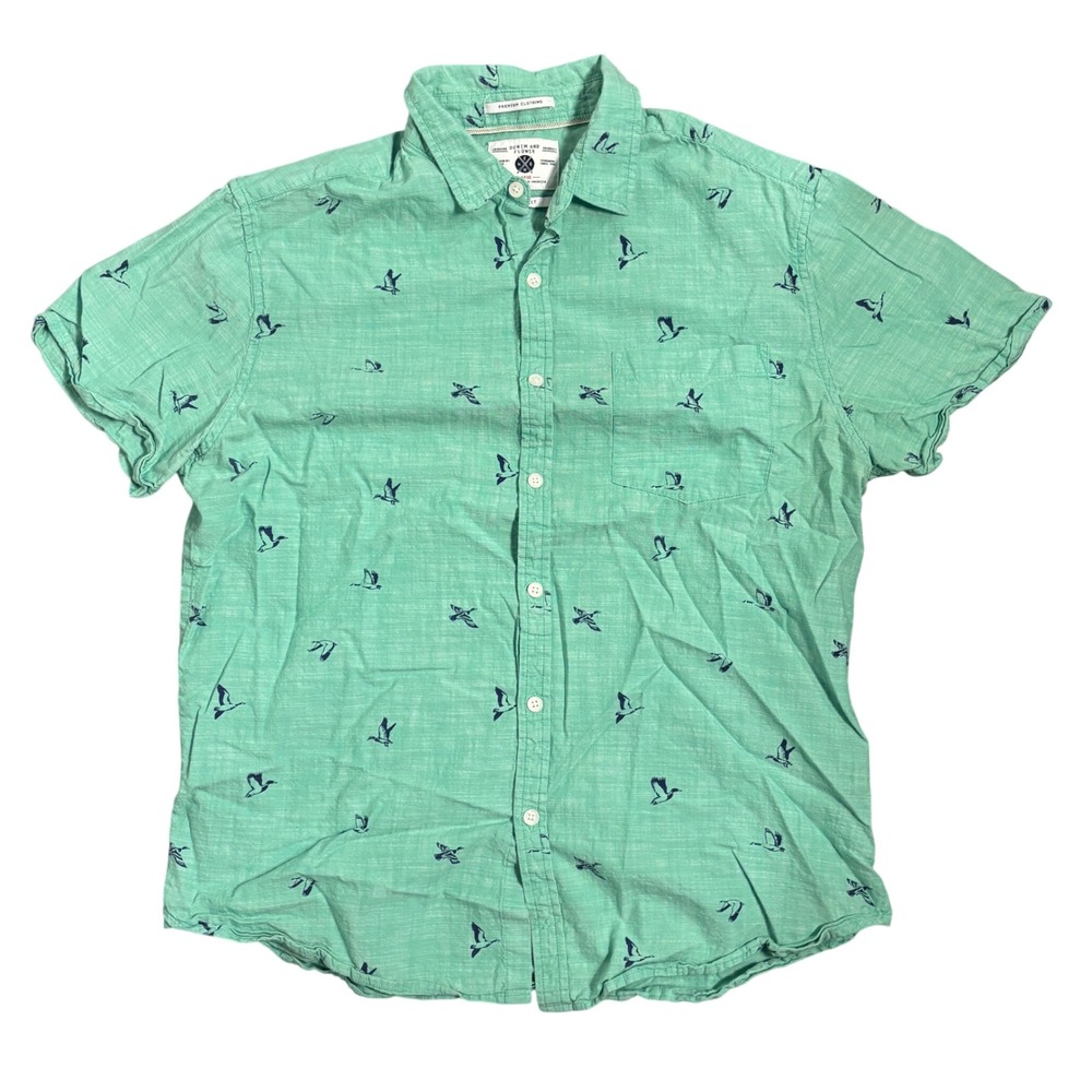 Denim and Flower Shirt Large Green Short Sleeve Bird Print Slim Fit Button Down